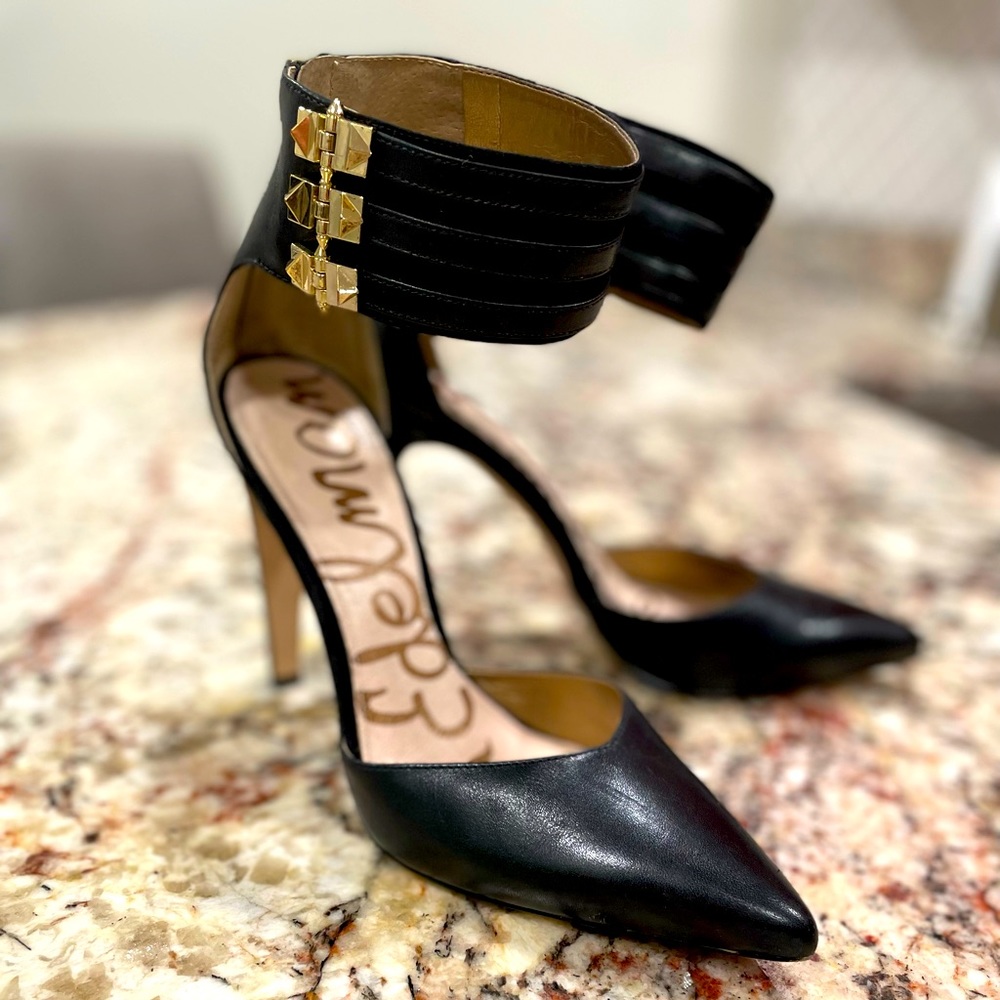 Black, leather, high heels, gently worn, soft leather, very comfortable.